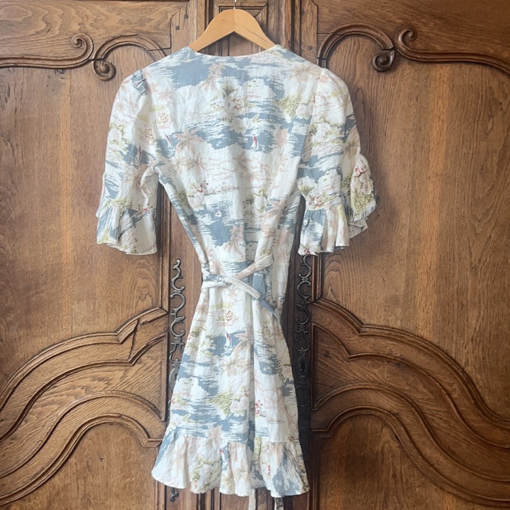 Reformation Pastel Floral Wrap Mini Dress in Cream, Light Blue and Pale Yellow - Picture 11 of 16